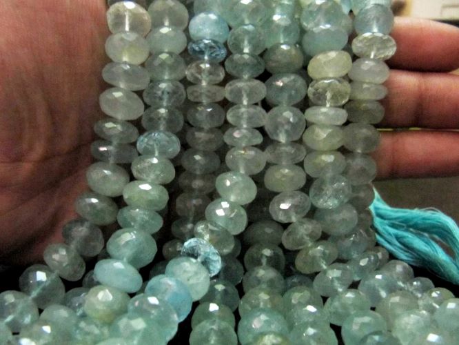 Faceted Aquamarine Rondelle Gemstone Beads - 9-11mm, 8 Inch Strand