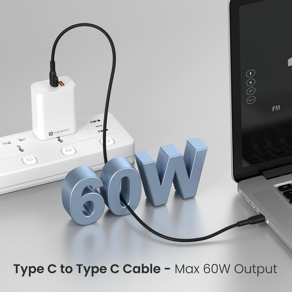 Portronics 60W Konnect Core 3 Type C to Type C Fast Charging Cable Cable for Smartphones,Tablets,Laptops & Other Type C Devices,In Built