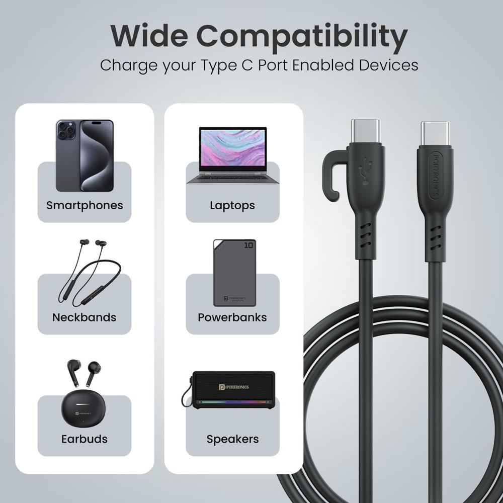 Portronics 60W Konnect Core 3 Type C to Type C Fast Charging Cable Cable for Smartphones,Tablets,Laptops & Other Type C Devices,In Built