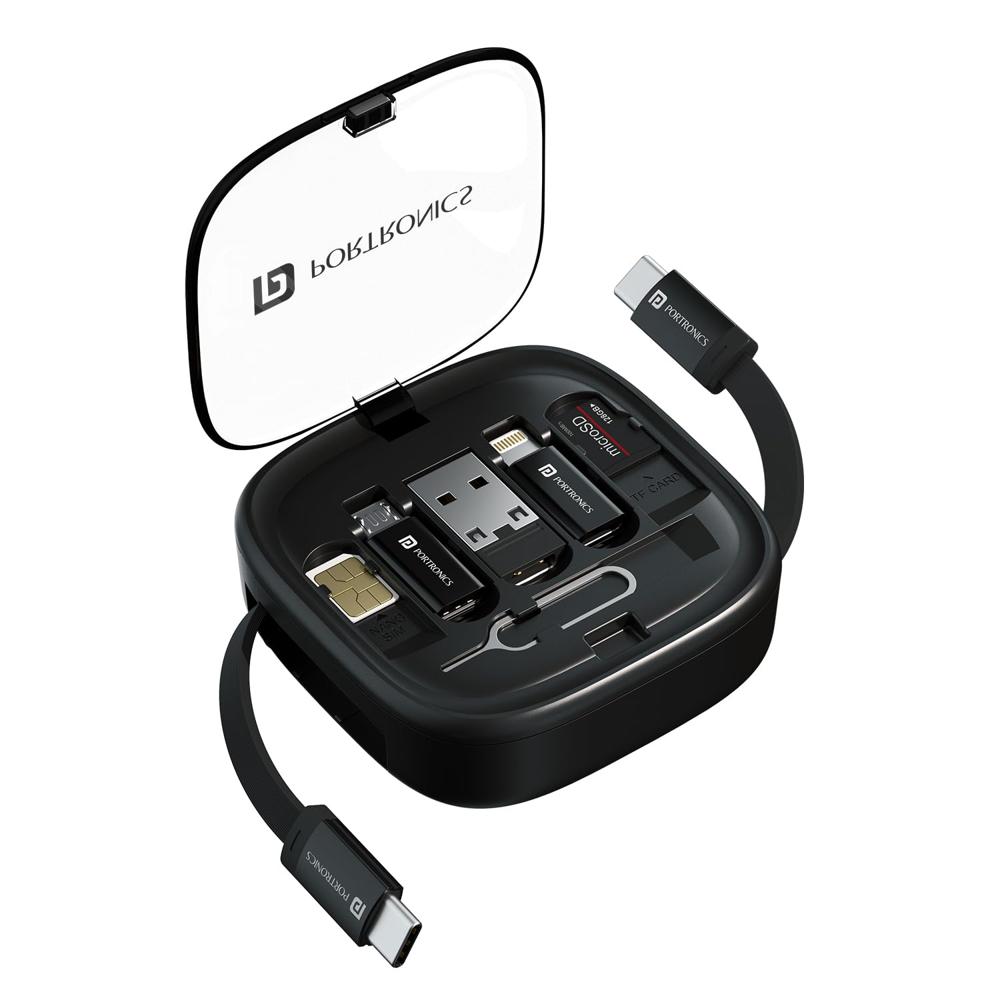 Portronics Snapcase 2 60w Multifunctional Fast Charging Data Cable Kit With Retractable Cable, Conversion Set Usb A & Type C To Male - Color: Black