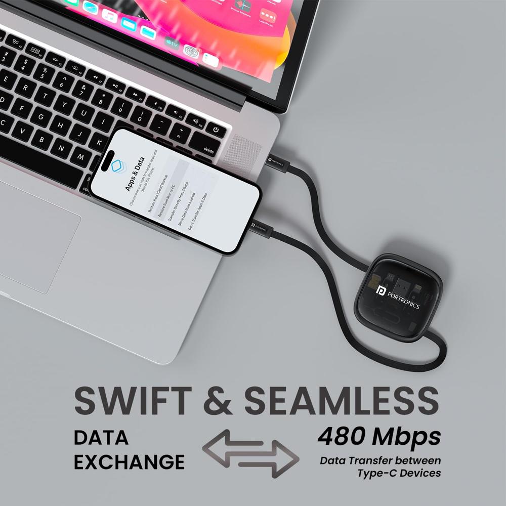 Portronics Snapcase 2 60W Multifunctional Fast Charging Data Cable Kit With Retractable Cable, Conversion Set USB A & Type C to Male