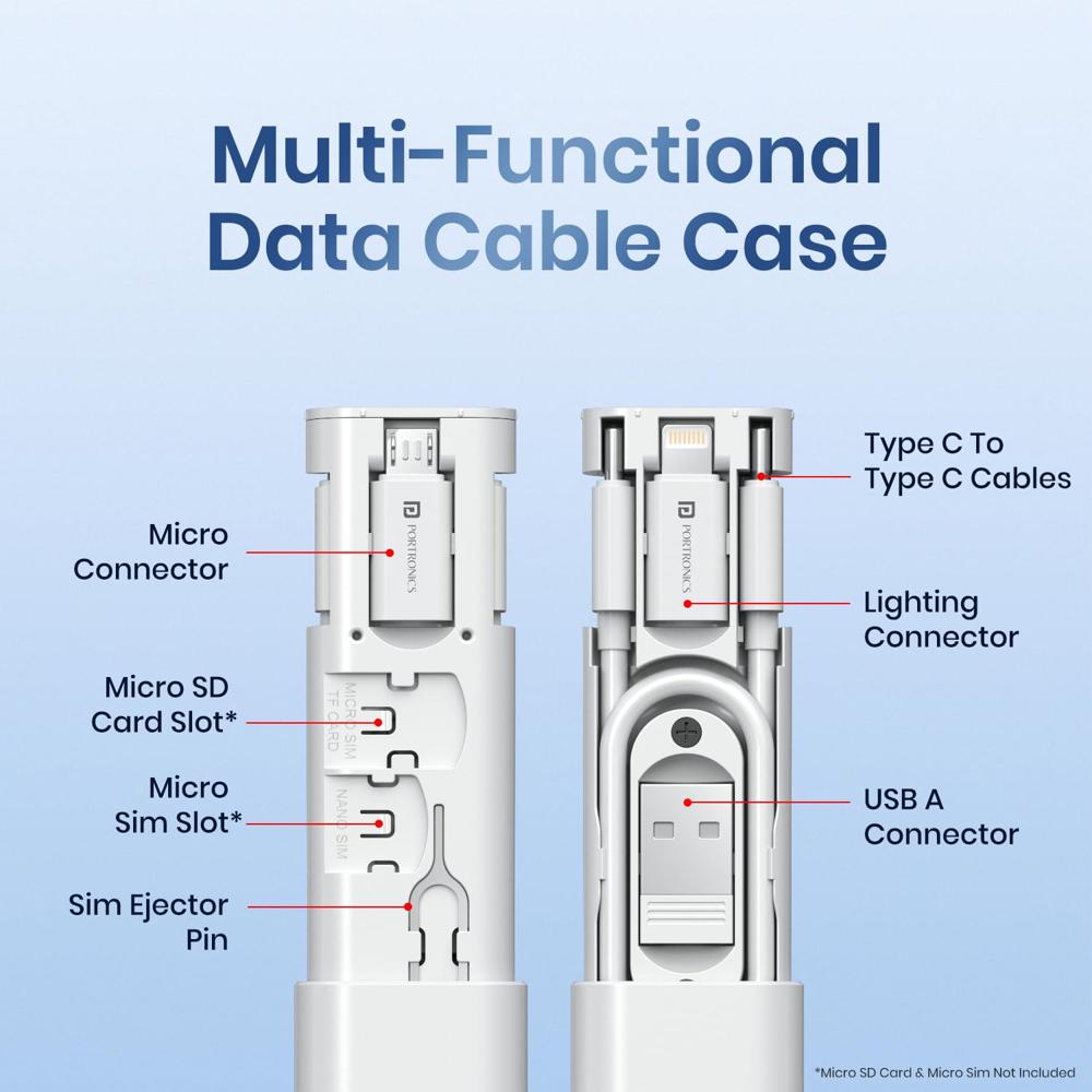 Portronics Snapcase 3 60W Multifunctional Fast Charging Data Cable Kit, Conversion Set USB A & Type C to Male