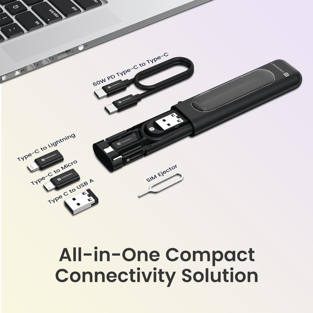 Portronics Snapcase 4 60W Multifunctional Fast Charging Data Cable Transparent Kit, Conversion Set USB A & Type C to Male