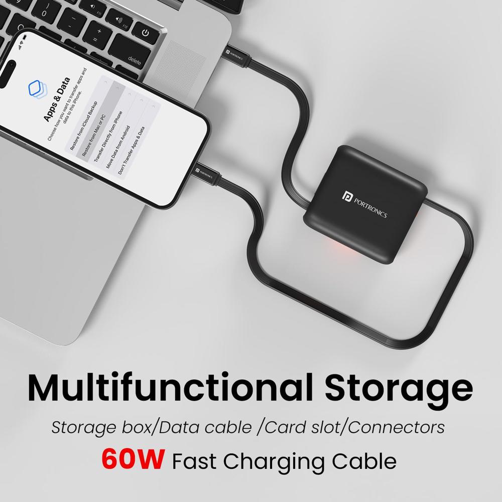 Portronics Snapcase 5 60W Multifunctional Fast Charging Data Cable Kit With Retractable Cable