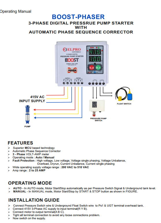 BOOST-PHASER :  3-Phase Digital Pressure Pump Starter with Automatic Phase Sequence Corrector