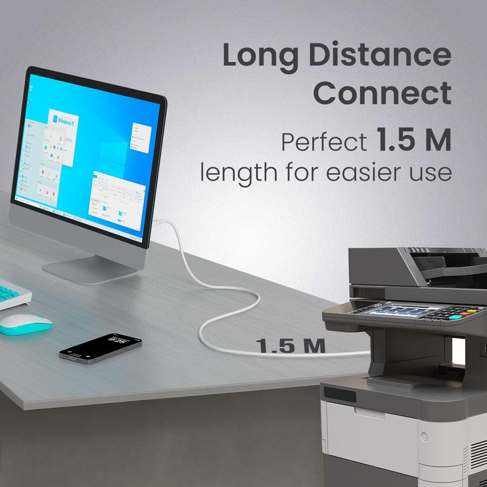 Portronics PrintLink 1.5 Printer Cable with USB Type-A to USB Type-B Male Connectors, 1.5 Meters / 5 Ft Long, High-Speed