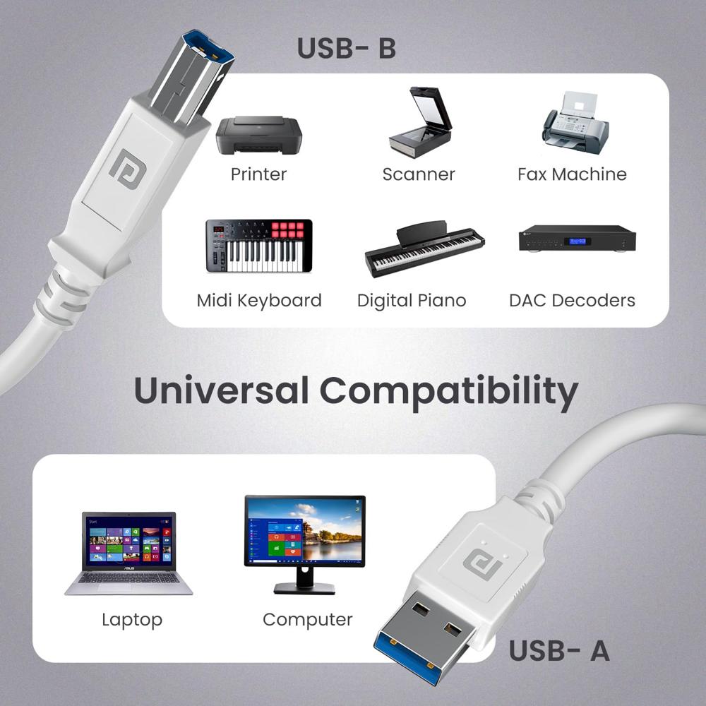 Portronics PrintLink 1.5 Printer Cable with USB Type-A to USB Type-B Male Connectors, 1.5 Meters / 5 Ft Long, High-Speed