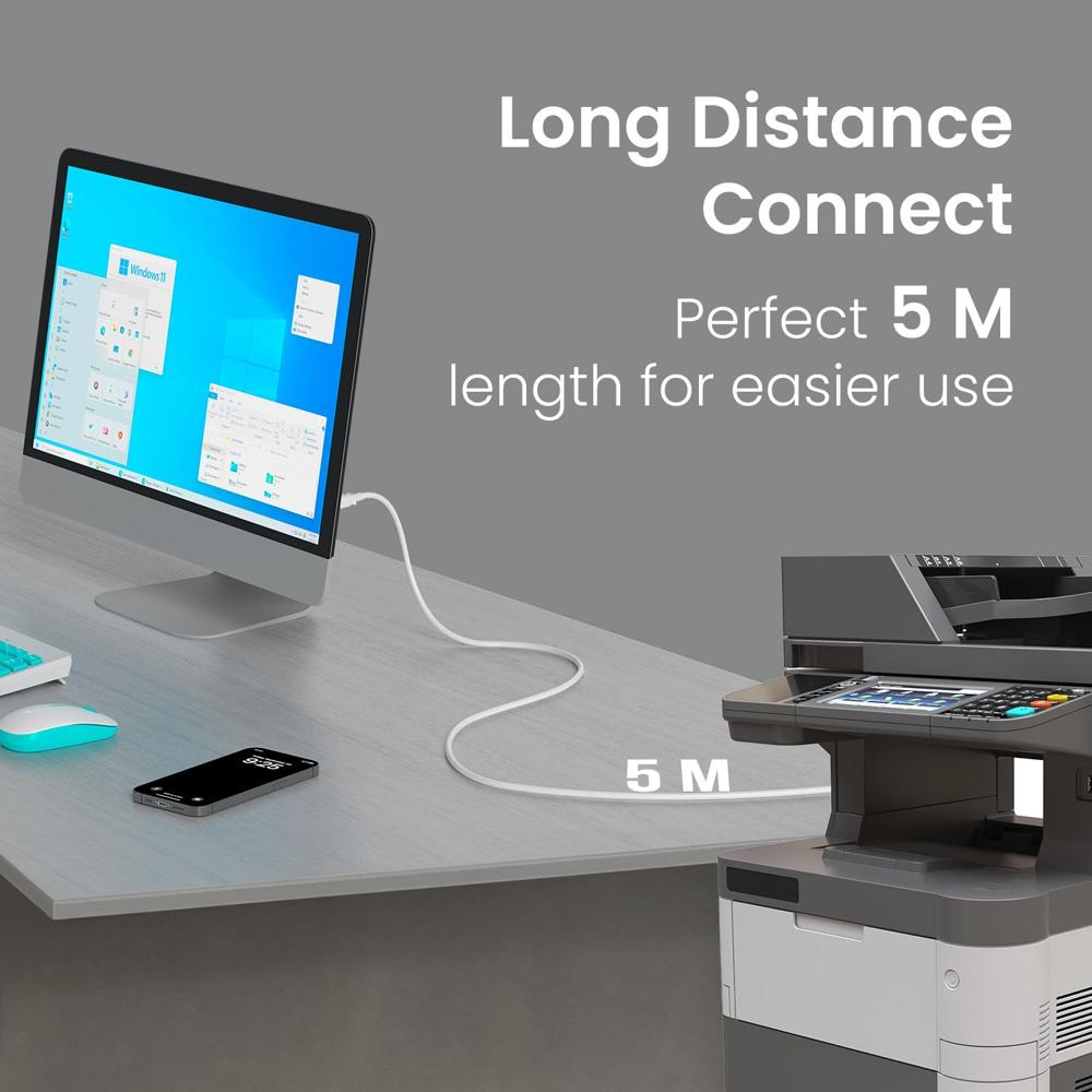 Portronics PrintLink 5 Printer Cable with USB Type-A to USB Type-B Male Connectors, 5 Meters / 16.5 Ft Long, High-Speed