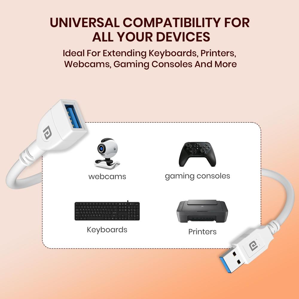 Portronics Uniconnect, 3M USB Extension Cable, Durable USB Type-A Male to Female Cable, PVC Build, Data Transfer & Charging,