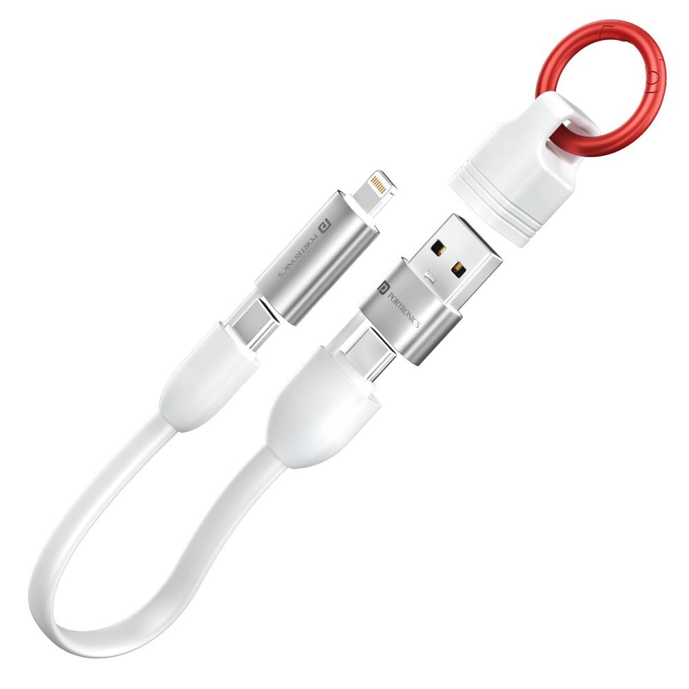 Portronics Keylink 4 in 1 Multifunctional Fast Charging Cable With In Built KeyChain, 25cm Length, Tangle Free Flat Cable, Type C to Type