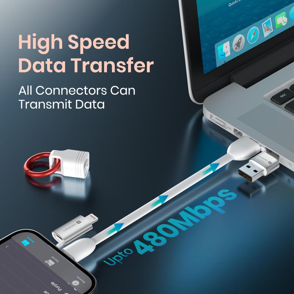 Portronics Keylink 4 in 1 Multifunctional Fast Charging Cable With In Built KeyChain, 25cm Length, Tangle Free Flat Cable, Type C to Type