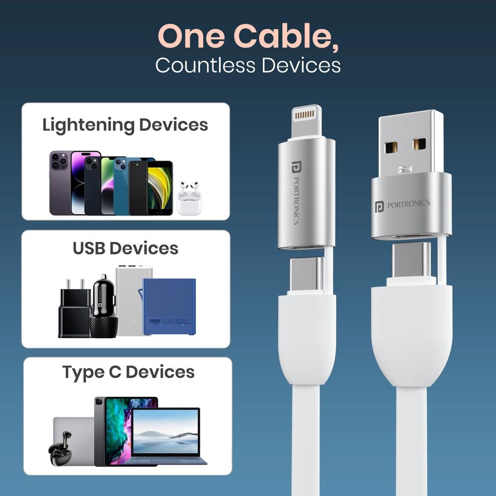 Portronics Keylink 4 in 1 Multifunctional Fast Charging Cable With In Built KeyChain, 25cm Length, Tangle Free Flat Cable, Type C to Type