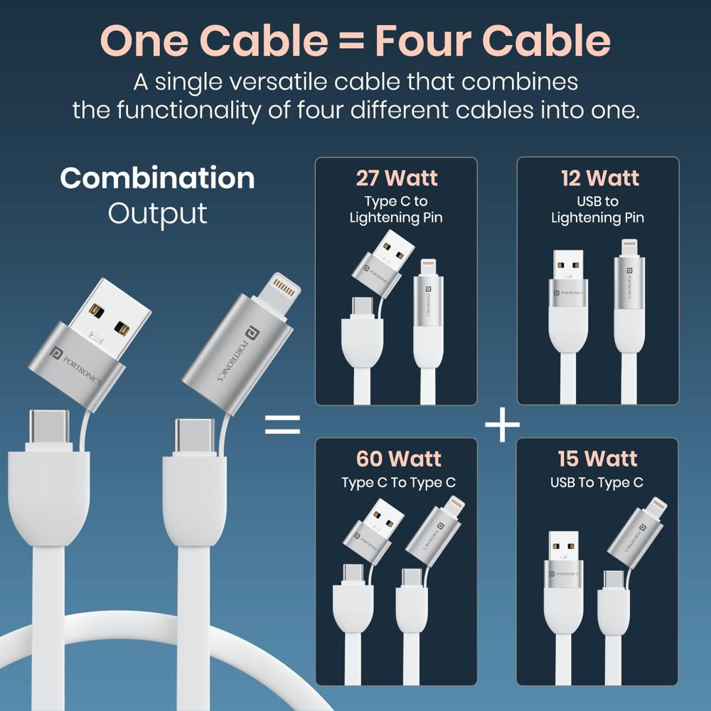 Portronics Keylink 4 in 1 Multifunctional Fast Charging Cable With In Built KeyChain, 25cm Length, Tangle Free Flat Cable, Type C to Type