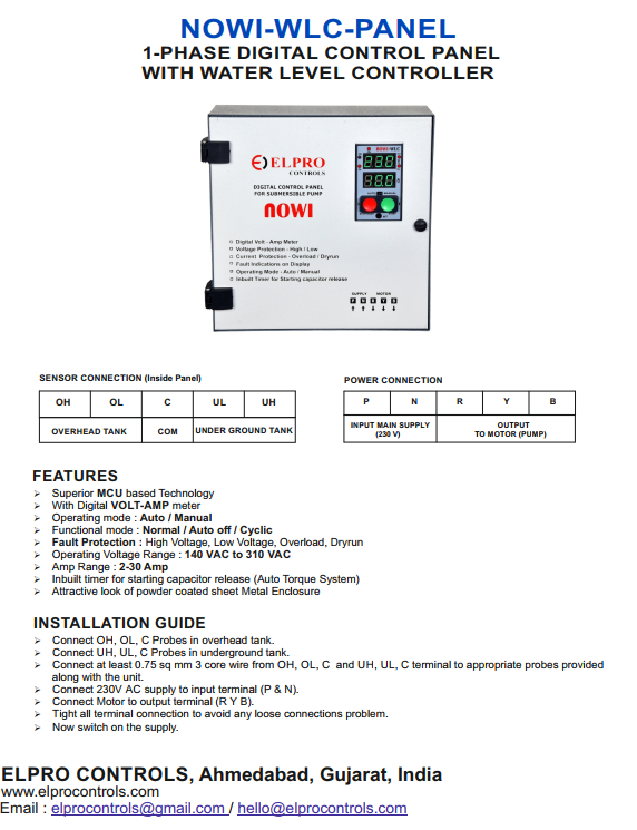 NOWI-WLC : Single Phase Digital Control Panel With Water Level Controller