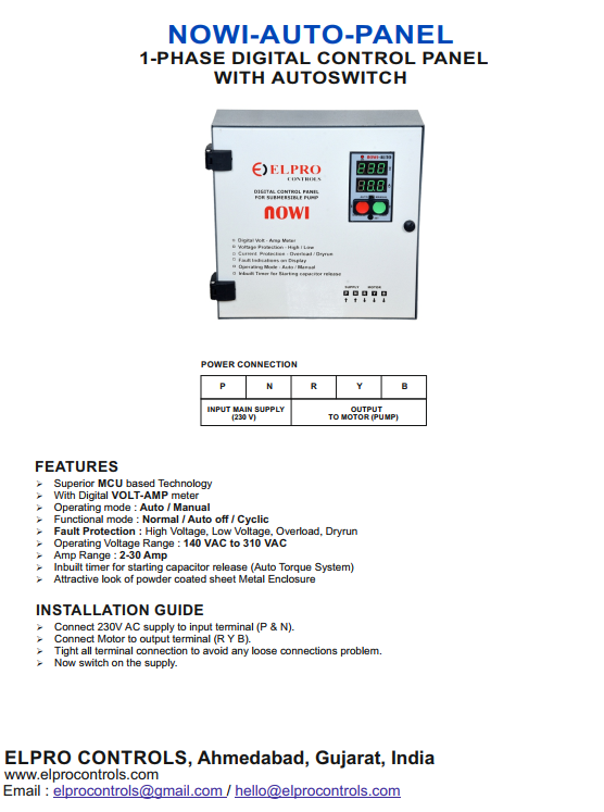 NOWI-AUTO : Single Phase Digital Control Panel With Auto Switch