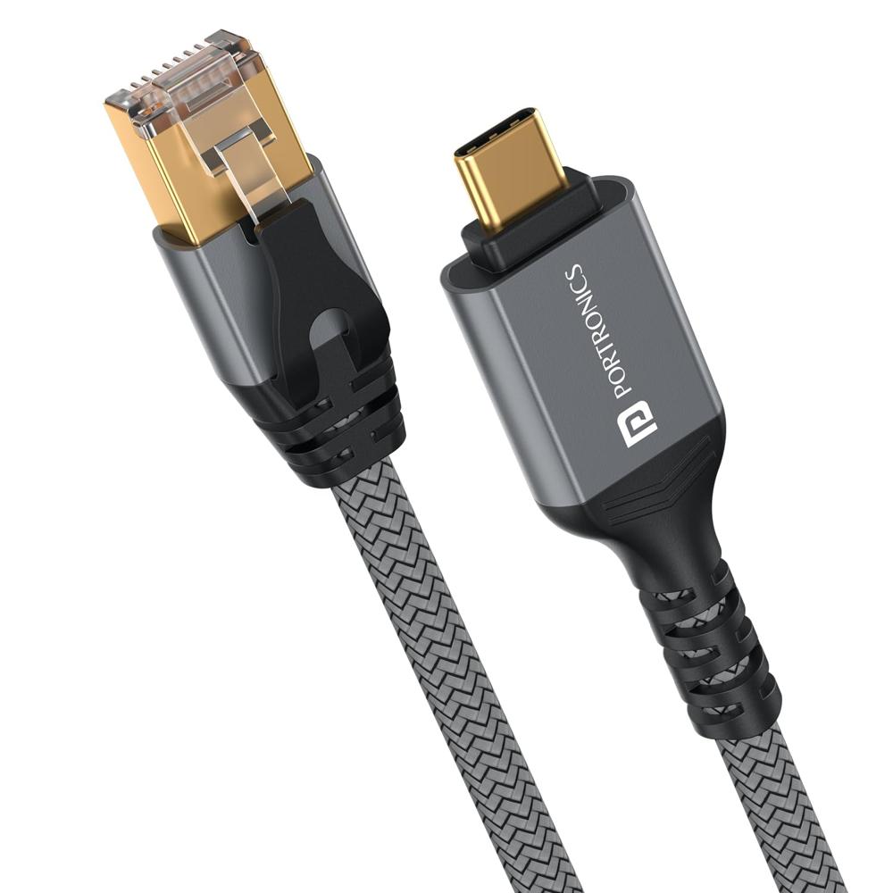 Portronics EtherC, Type-C to RJ45 Ethernet Cable, CAT-6 Certified, 1000 Mbps High-Speed Internet, Gold-Plated Connectors, Braided Nylon, 2 Meter Long, Compatible