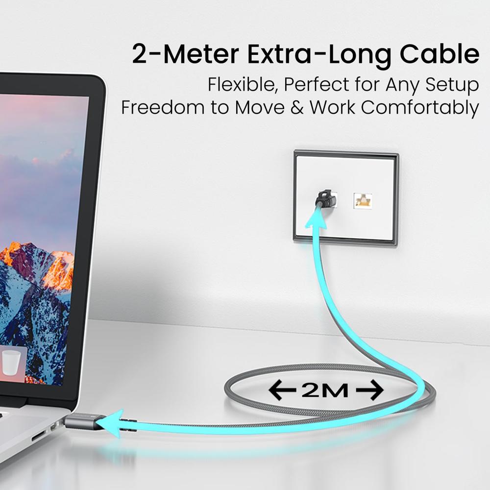 Portronics EtherC, Type-C to RJ45 Ethernet Cable, CAT-6 Certified, 1000 Mbps High-Speed Internet, Gold-Plated Connectors, Braided Nylon, 2 Meter Long, Compatible