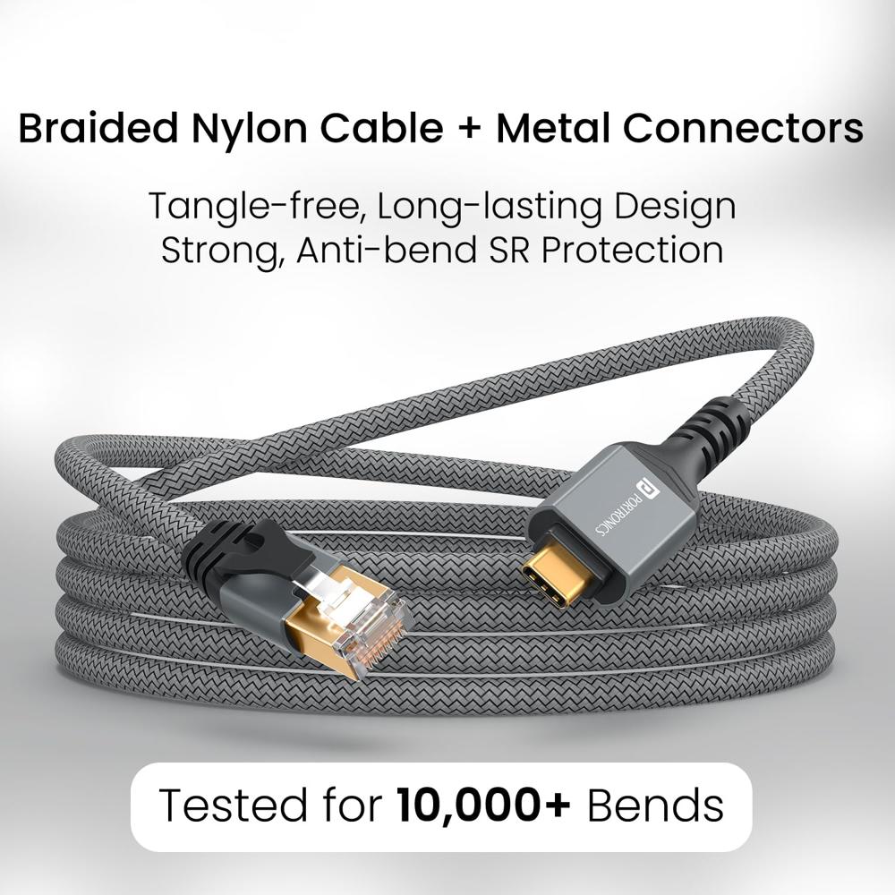 Portronics EtherC, Type-C to RJ45 Ethernet Cable, CAT-6 Certified, 1000 Mbps High-Speed Internet, Gold-Plated Connectors, Braided Nylon, 2 Meter Long, Compatible