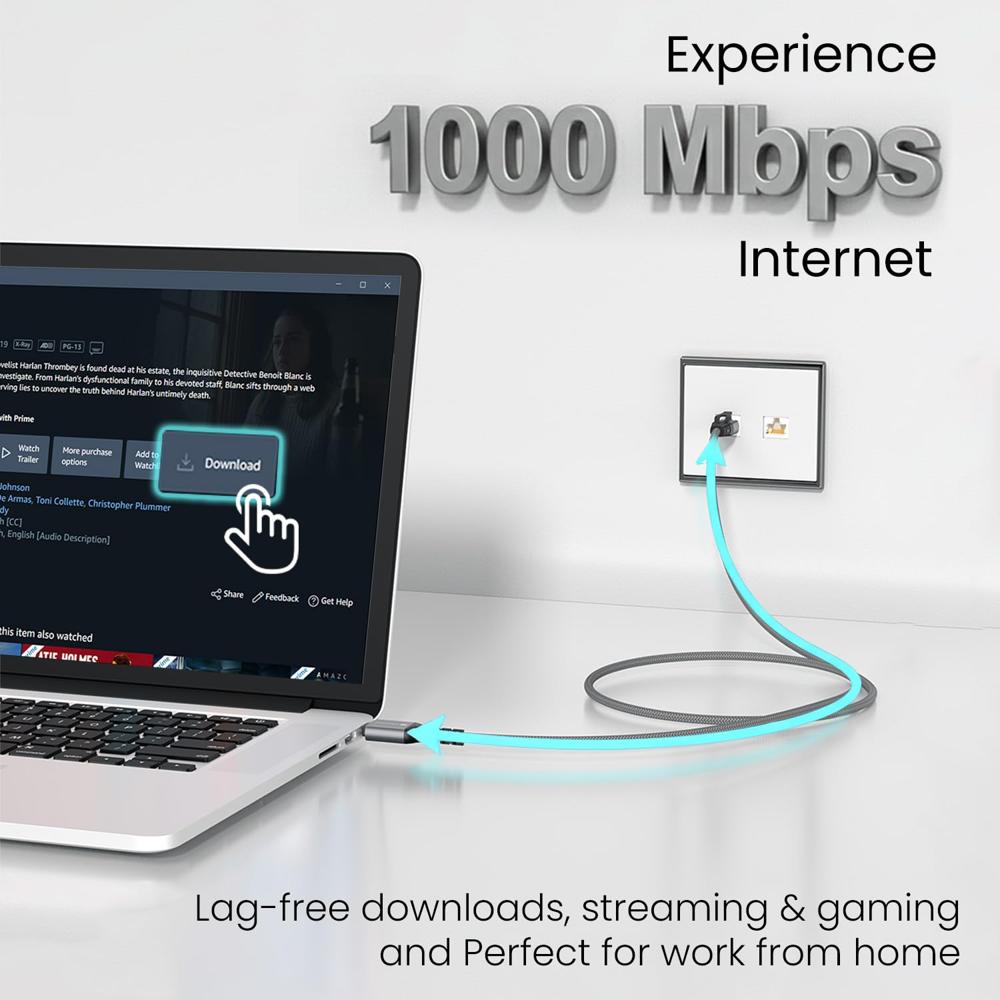 Portronics EtherC, Type-C to RJ45 Ethernet Cable, CAT-6 Certified, 1000 Mbps High-Speed Internet, Gold-Plated Connectors, Braided Nylon, 2 Meter Long, Compatible