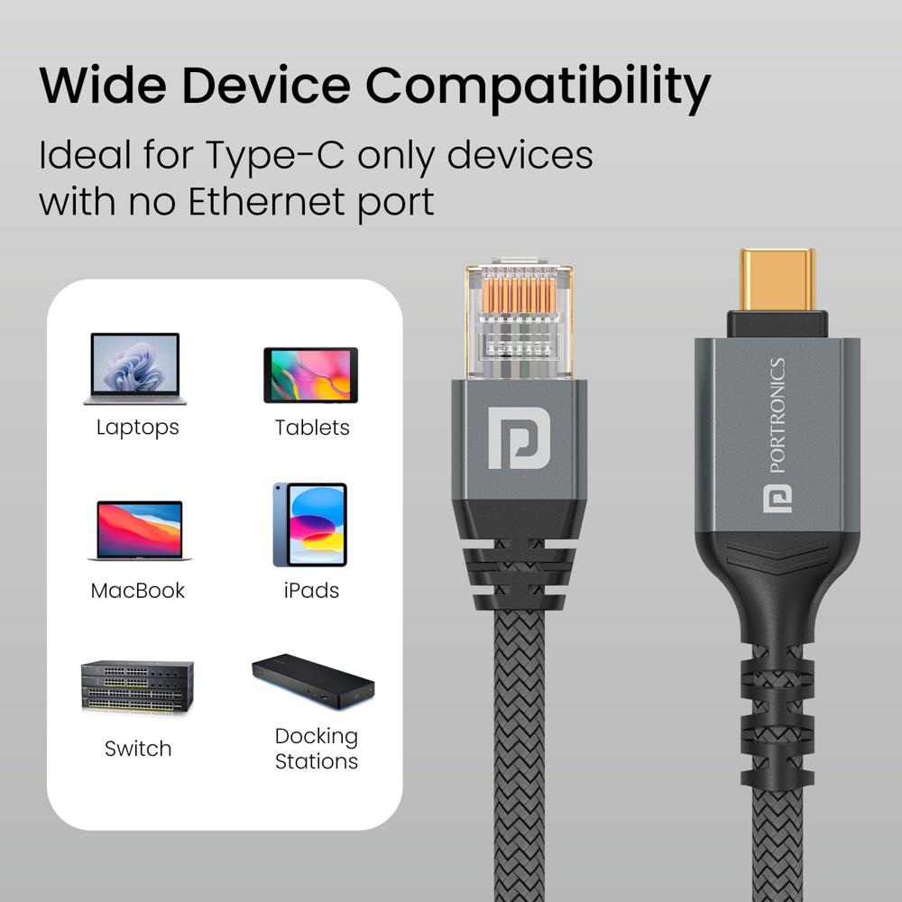 Portronics EtherC, Type-C to RJ45 Ethernet Cable, CAT-6 Certified, 1000 Mbps High-Speed Internet, Gold-Plated Connectors, Braided Nylon, 2 Meter Long, Compatible