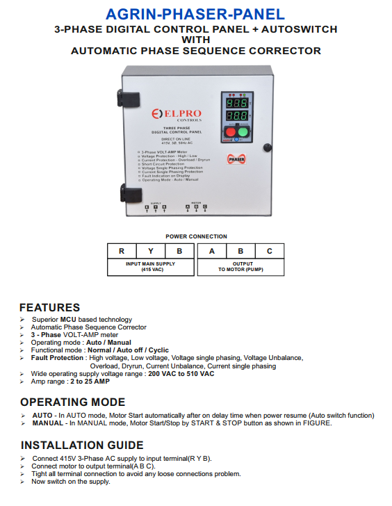 Agrin-phaser-panel :  3 Phase Digital Control Panel With Automatic Phase Sequence Corrector - Application: Agricultural