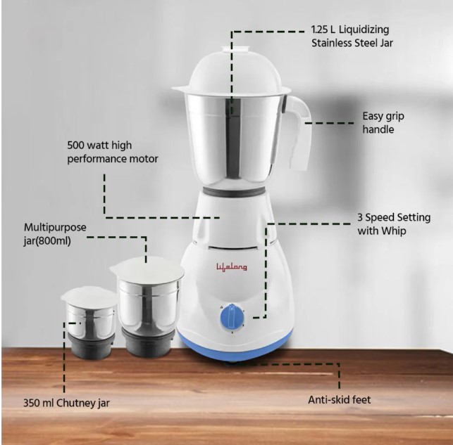 Lifelong Power Pro - LLMG21 500 W Mixer Grinder (3 Jars, Blue)