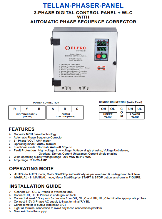 TELLAN-PHASER-PANEL :  3-Phase Digital Control Panel With Water Level Controller
