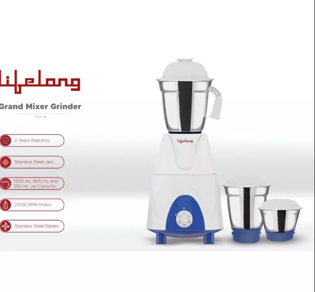 Lifelong Grand Mixer Grinder Kit Stainless Steel Corded Electric 750 W Power 1.5 L Capacity Stainless Steel 220-240 V AC for Kitchen, LLMG101