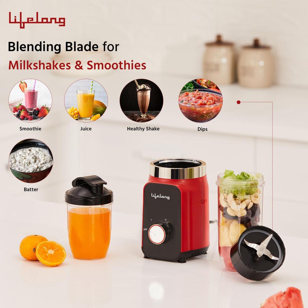 Lifelong Nutri Blender for Smoothies and Juices 500 Watts with 2 Jars - 100% Copper Motor Mixer Grinder, Blender & Smoothie Maker
