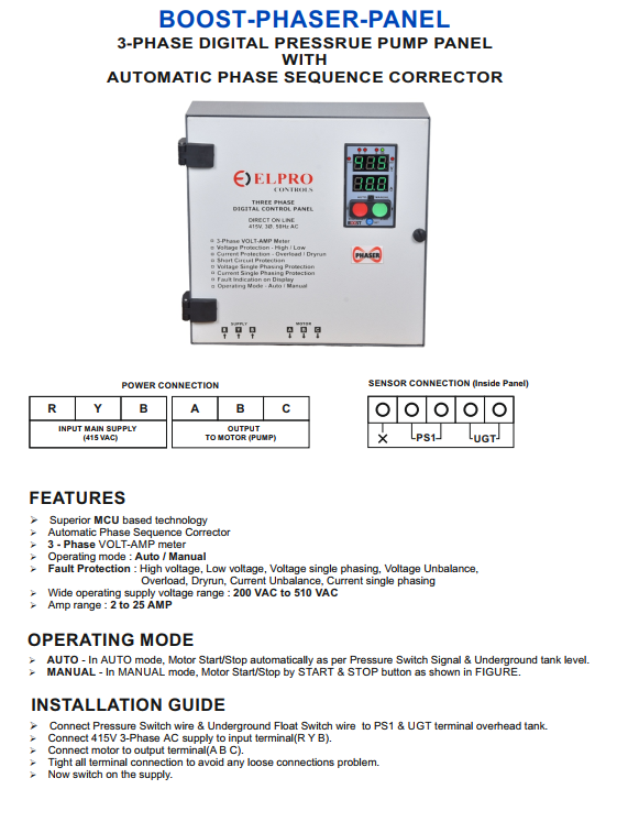 BOOST-PHASER-PANEL : 3 Phase Pressure Pump Panel With Automatic Phase Sequence Corrector