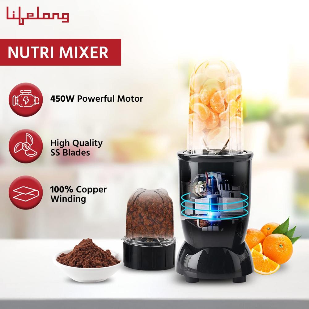 Lifelong Regalia PowerNutri Mixer/Grinder/Blender/Shaker, 2 Stainless Steel Blades,2 Unbreakable Jars, 450 W