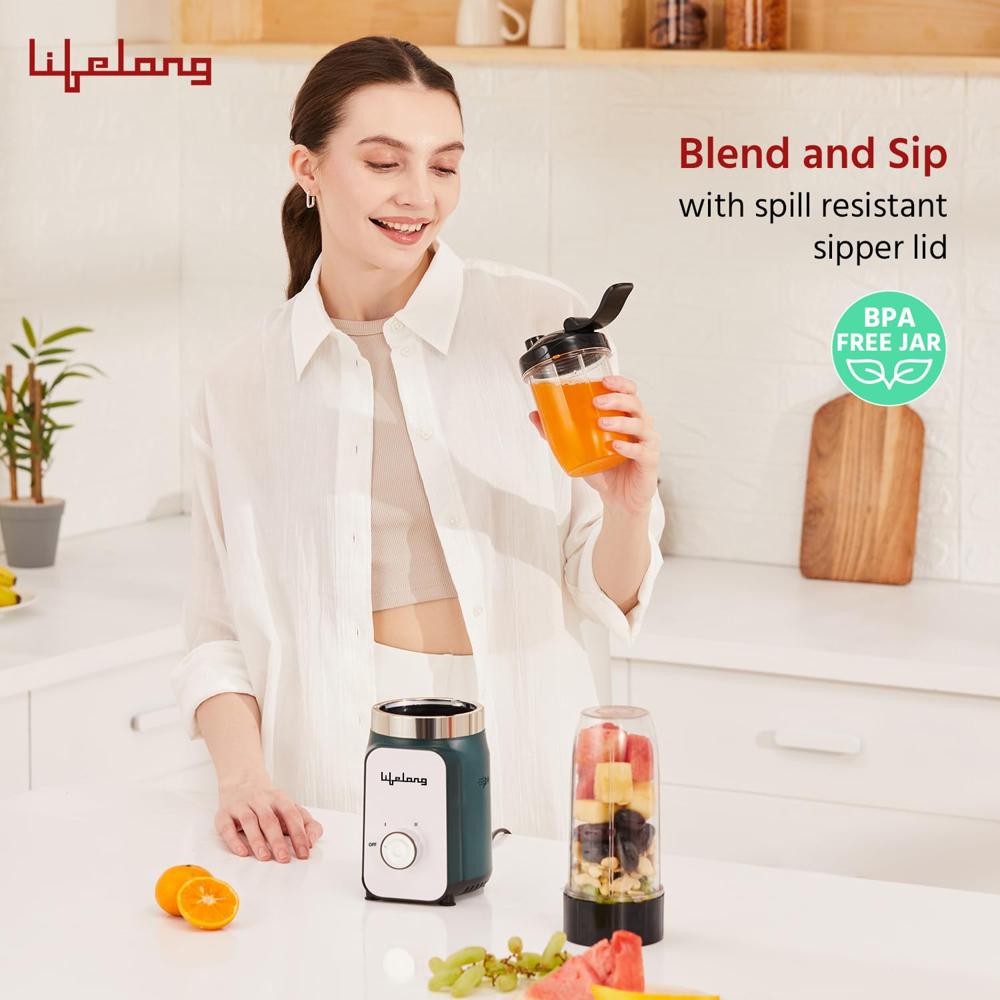 Lifelong 500 Watts Nutri Blender for Smoothies and Juices with 2 Jars - 100% Copper Motor Mixer Grinder, Blender & Smoothie Maker