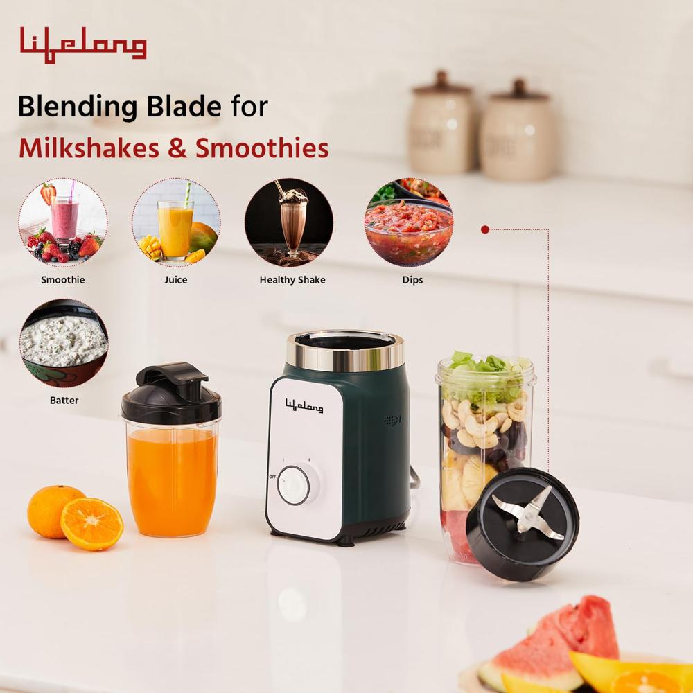 Lifelong 500 Watts Nutri Blender for Smoothies and Juices with 2 Jars - 100% Copper Motor Mixer Grinder, Blender & Smoothie Maker