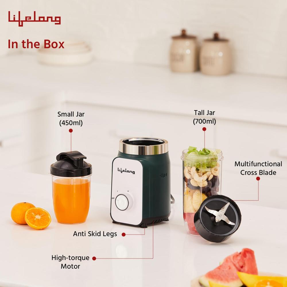 Lifelong 500 Watts Nutri Blender for Smoothies and Juices with 2 Jars - 100% Copper Motor Mixer Grinder, Blender & Smoothie Maker