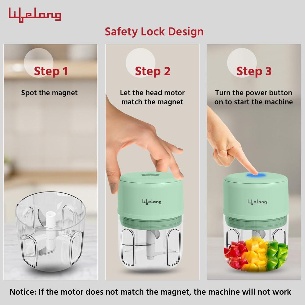 Lifelong USB Rechargeable Wireless Electric Chopper for Kitchen 30 Watts with Stainless Steel Blades for Onion, Garlic, Vegetables, Nuts - 250 ml