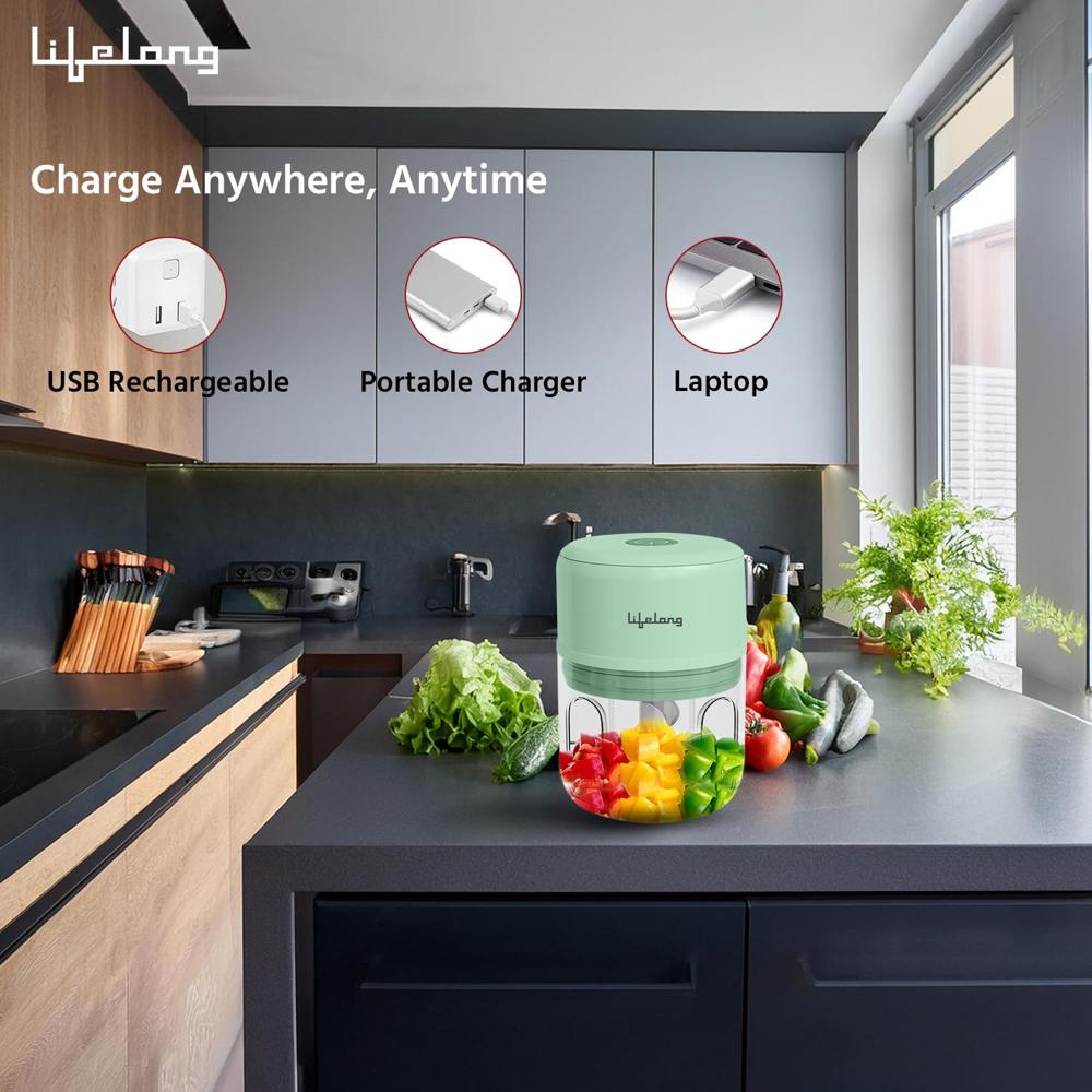 Lifelong USB Rechargeable Wireless Electric Chopper for Kitchen 30 Watts with Stainless Steel Blades for Onion, Garlic, Vegetables, Nuts - 250 ml