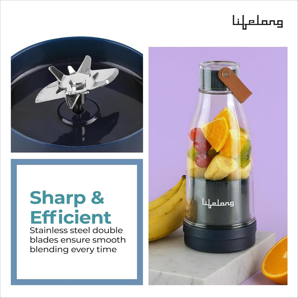 Lifelong Portable Juicer Blender | Smoothie Blender-300ml Capacity | Double Click Operation With Monster Blades I 40W Motor, Fruits & Vegetable Juice Maker | USB Rechargeable, Outdoor & Gym (LLEPB01)