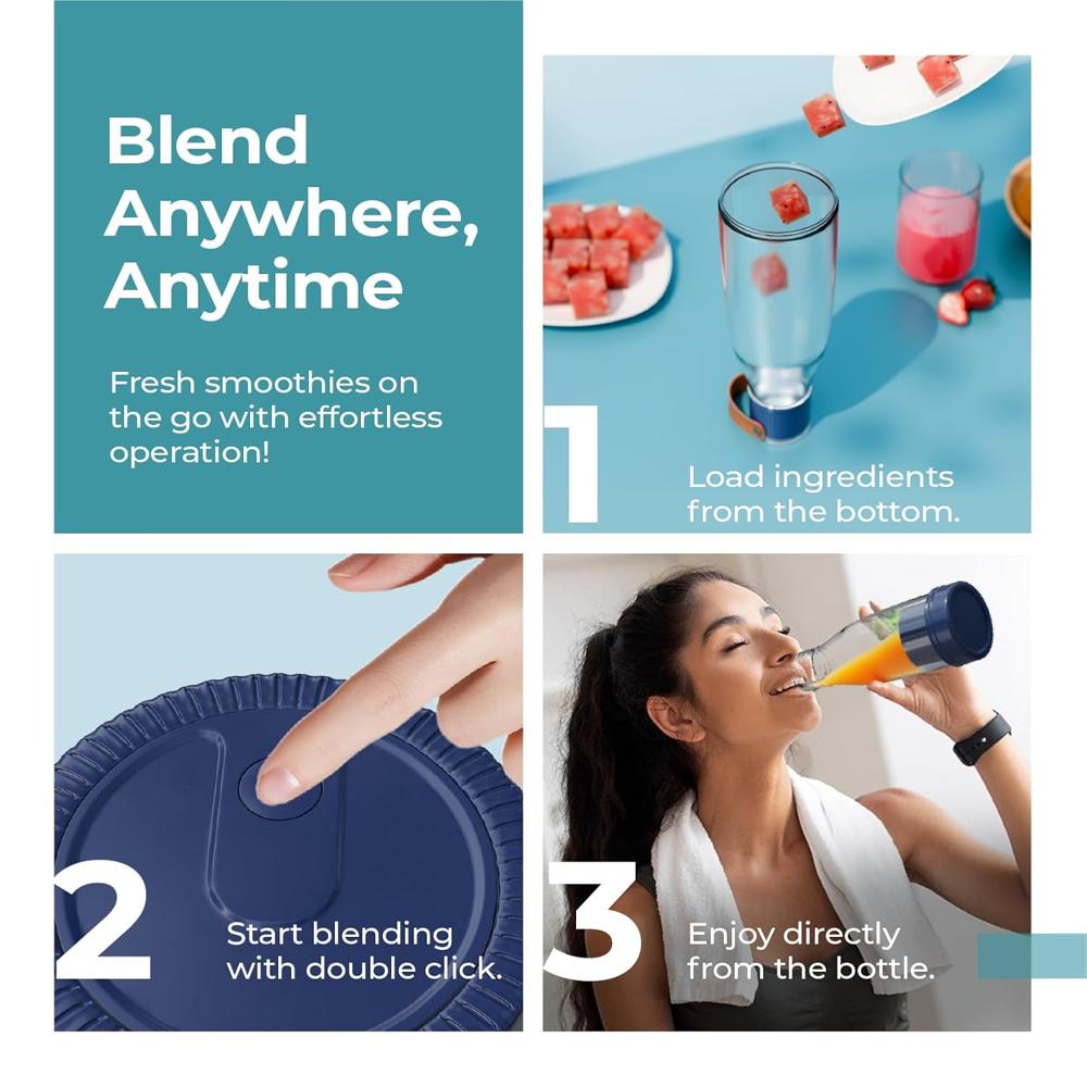 Lifelong Portable Juicer Blender | Smoothie Blender-300ml Capacity | Double Click Operation With Monster Blades I 40W Motor, Fruits & Vegetable Juice Maker | USB Rechargeable, Outdoor & Gym (LLEPB01)