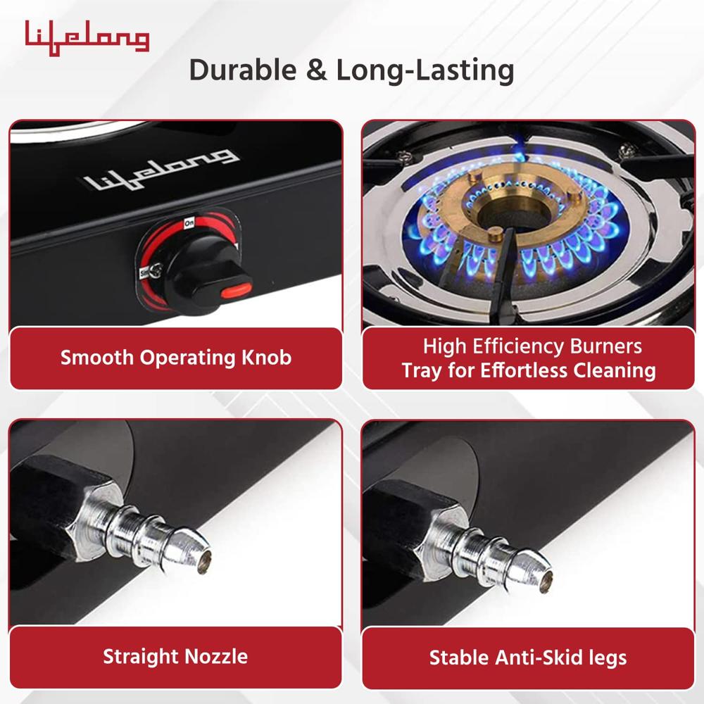 Lifelong LLGS201 Open Single Burner Glass Gas Stove (Black, 27 x 29 x 9 cm), Manual Ignition, Black