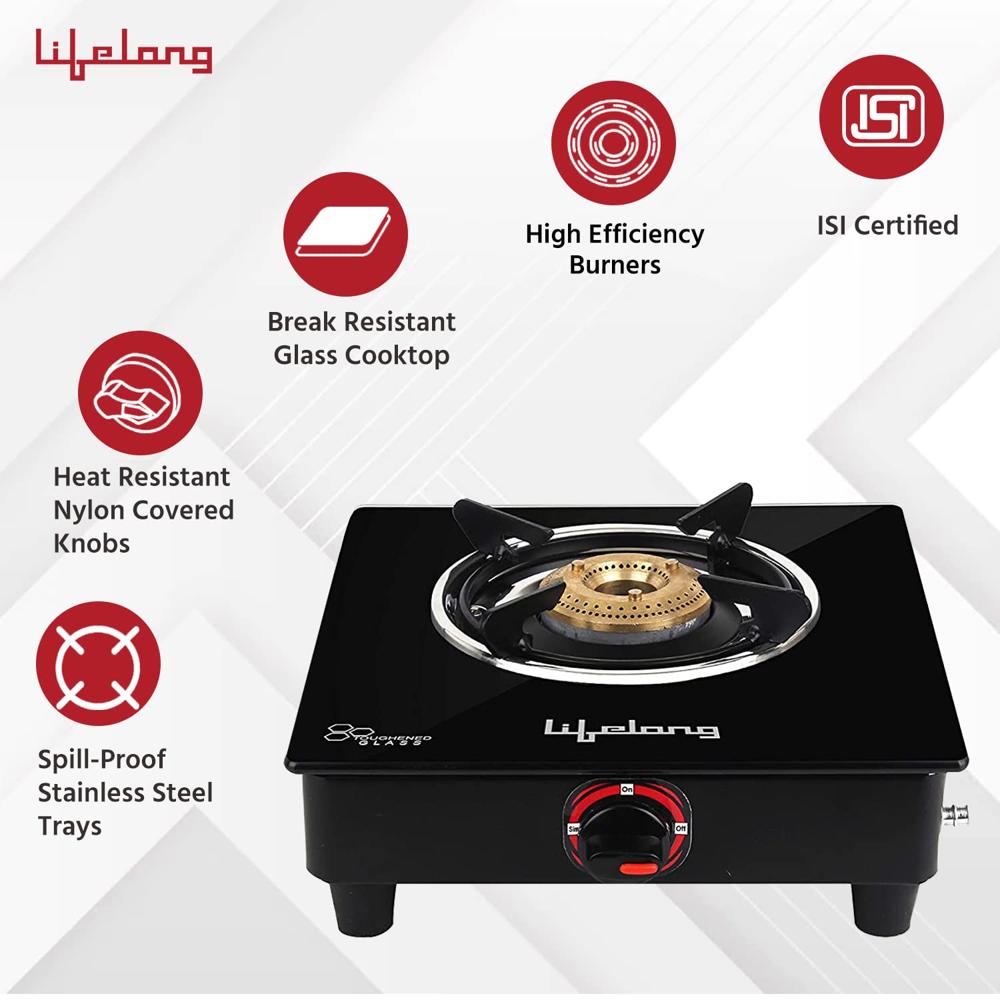 Lifelong LLGS201 Open Single Burner Glass Gas Stove (Black, 27 x 29 x 9 cm), Manual Ignition, Black