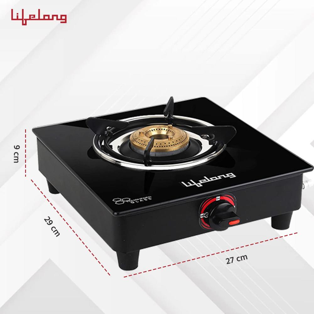 Lifelong LLGS201 Open Single Burner Glass Gas Stove (Black, 27 x 29 x 9 cm), Manual Ignition, Black