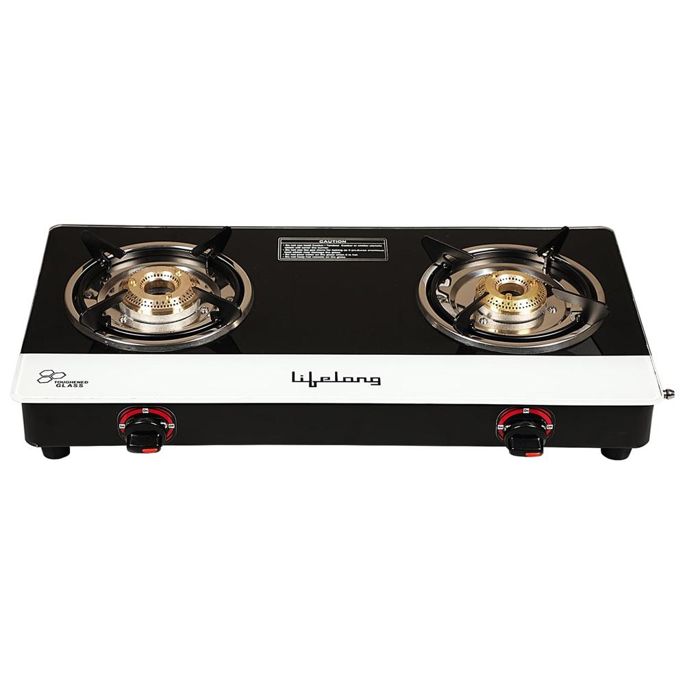 Lifelong Gas Stove 2 Burners Rubber Leg Manual Ignition Glass Black with CI White Strip, LLGSD01