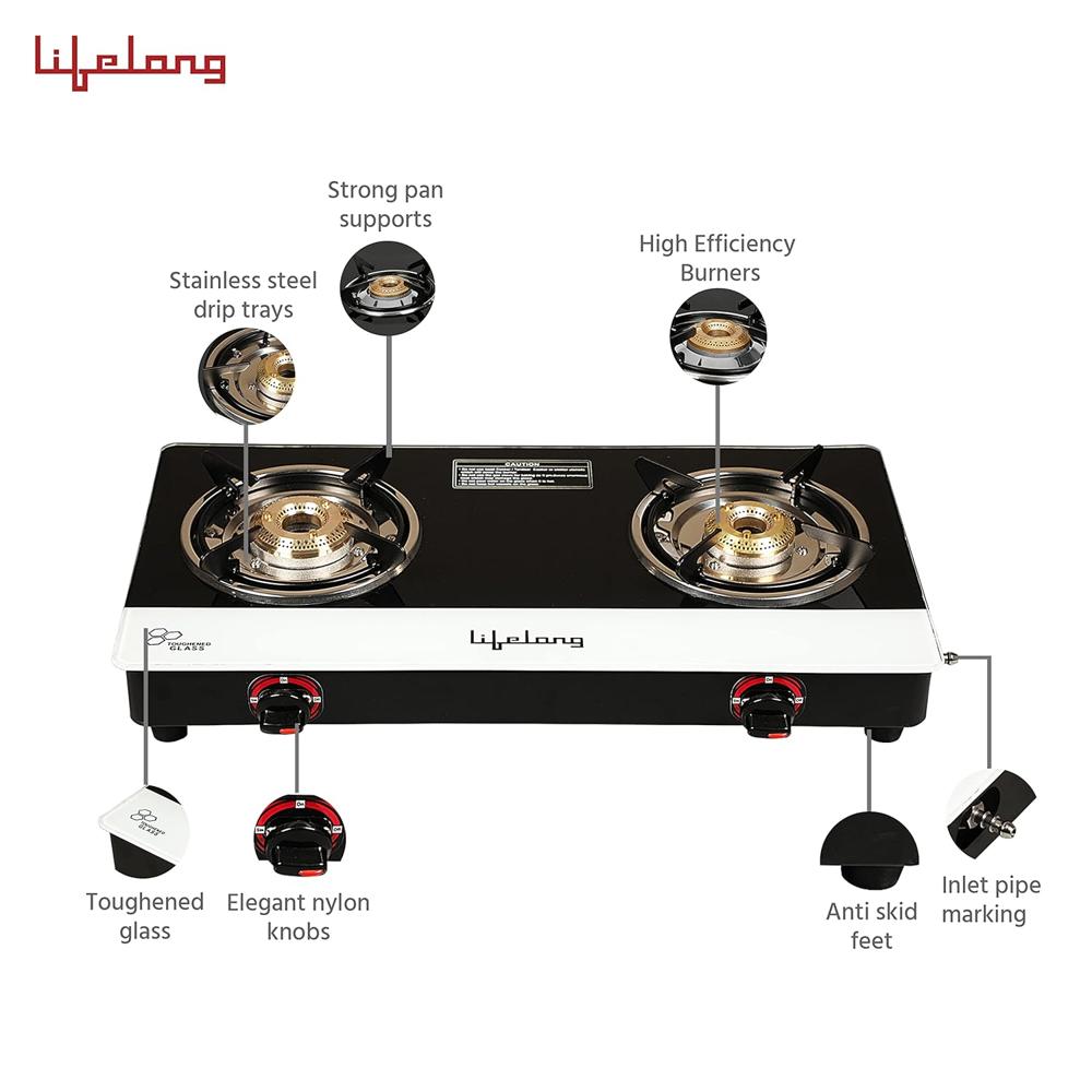 Lifelong Gas Stove 2 Burners Rubber Leg Manual Ignition Glass Black with CI White Strip, LLGSD01