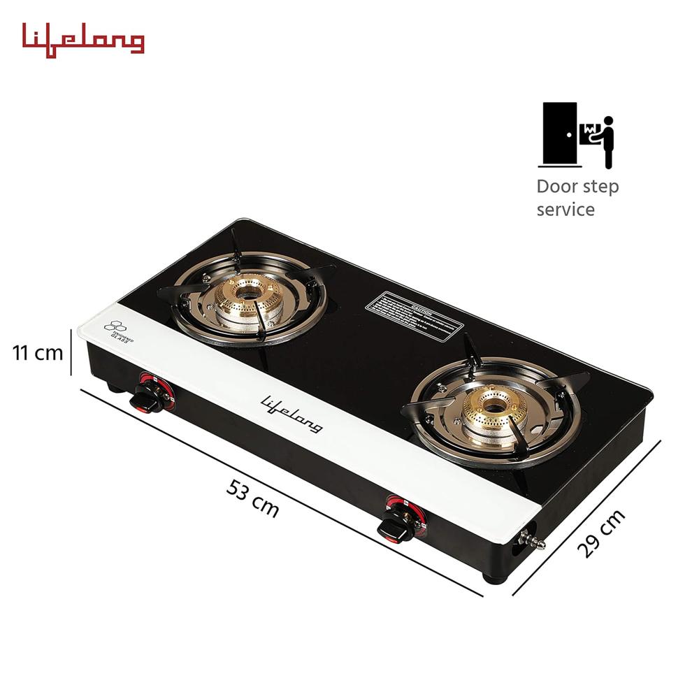 Lifelong Gas Stove 2 Burners Rubber Leg Manual Ignition Glass Black with CI White Strip, LLGSD01