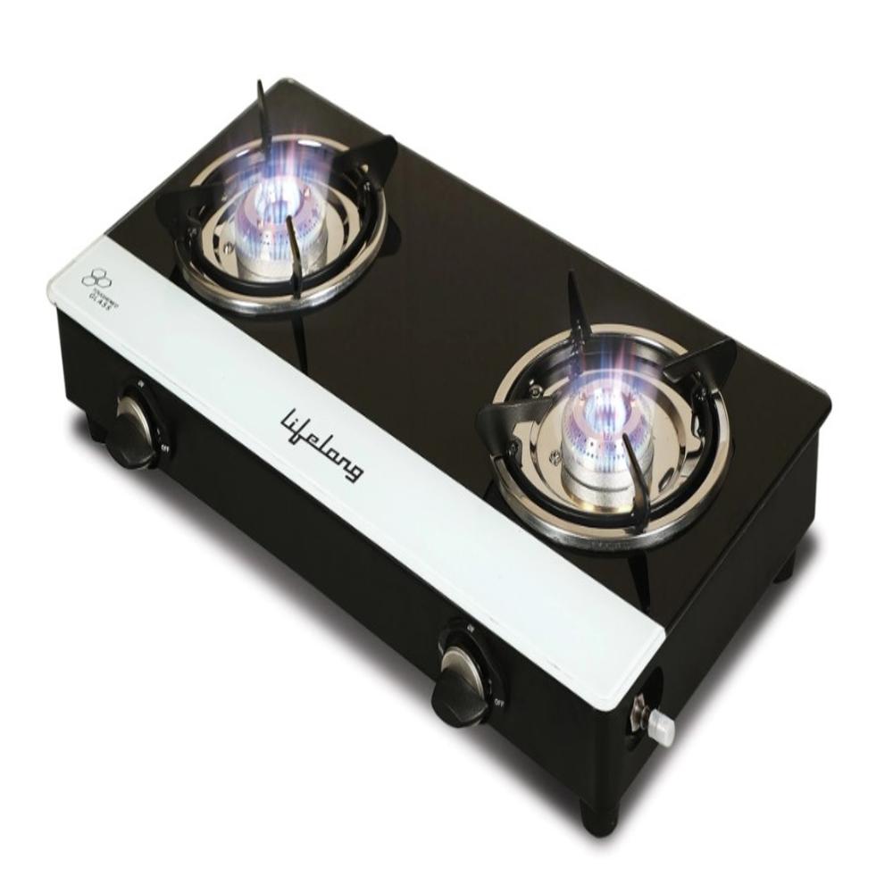 Lifelong Gas Stove 2 Burners Rubber Leg Manual Ignition Glass Black with CI White Strip, LLGSD02