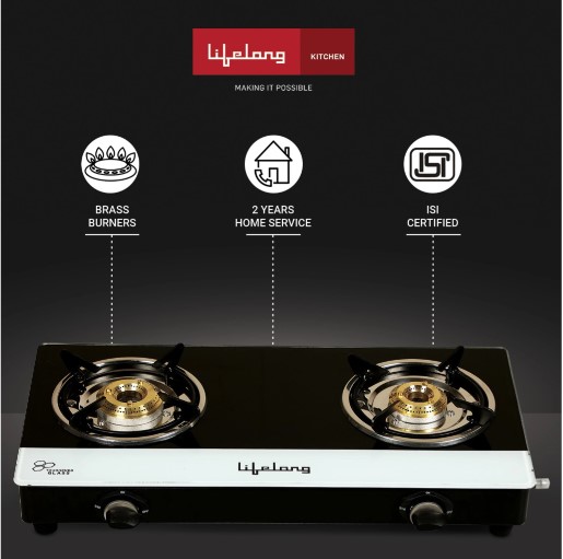 Lifelong Gas Stove 2 Burners Rubber Leg Manual Ignition Glass Black with CI White Strip, LLGSD02