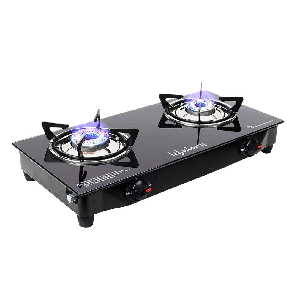 Lifelong 2 Burner Gas Stove Top for Kitchen - Manual Ignition Glass Top Cooktop Modern Glass Stove for Modular Kitchen, ISI Certified & Compatible with LPG (Black, LLGS03)