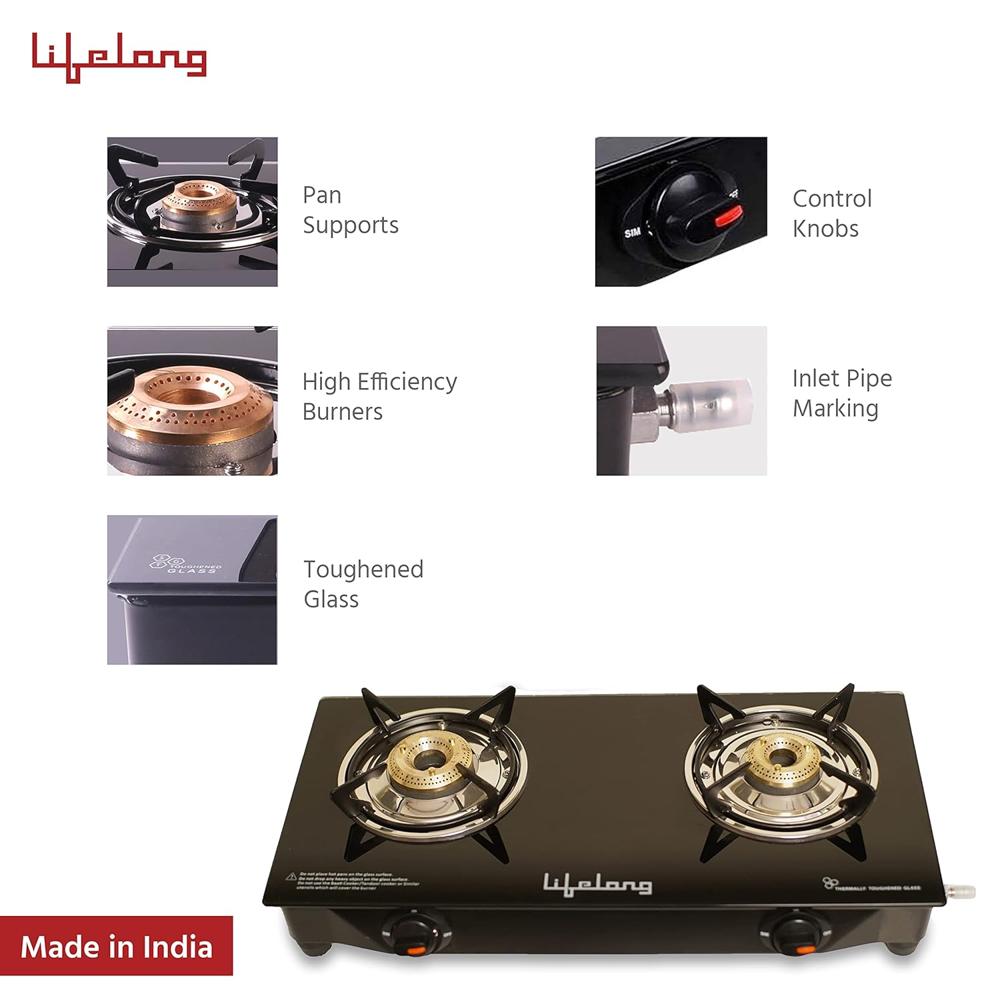 Lifelong 2 Burner Gas Stove Top for Kitchen - Manual Ignition Glass Top Cooktop Modern Glass Stove for Modular Kitchen, ISI Certified & Compatible with LPG (Black, LLGS03)