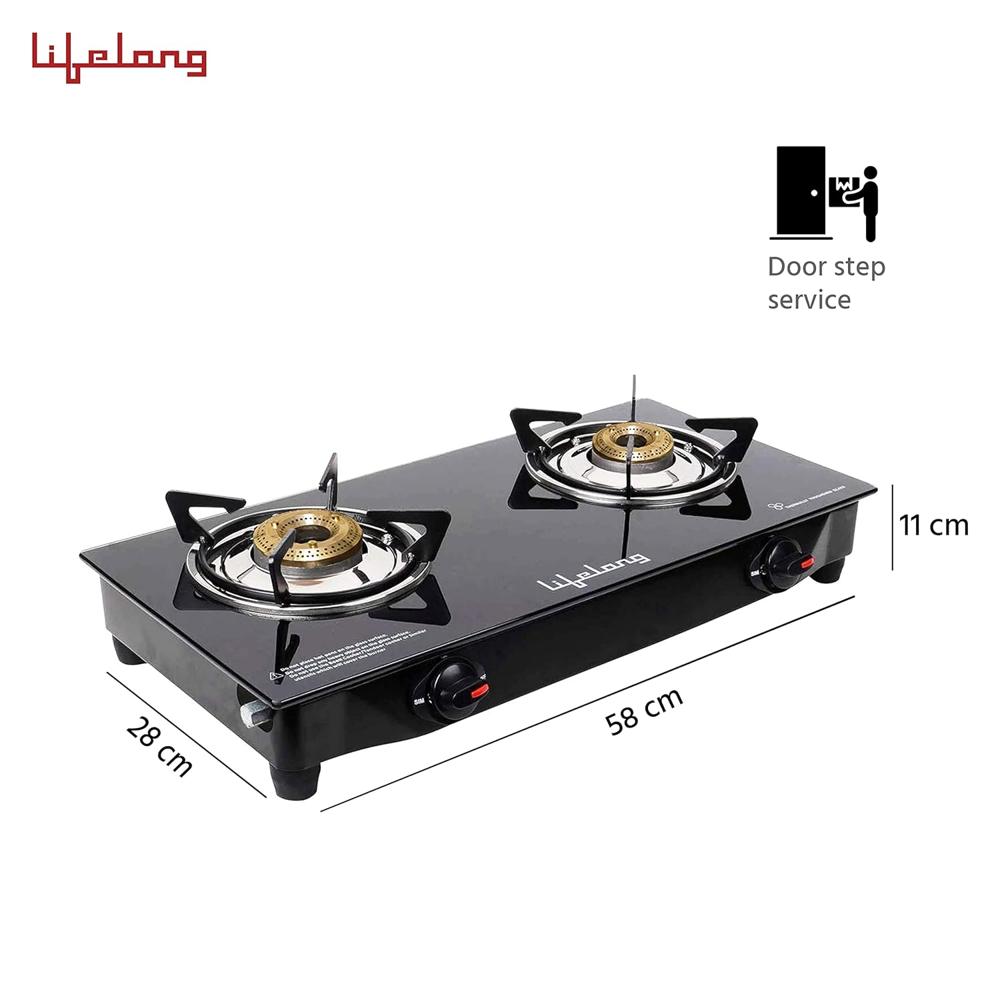Lifelong 2 Burner Gas Stove Top for Kitchen - Manual Ignition Glass Top Cooktop Modern Glass Stove for Modular Kitchen, ISI Certified & Compatible with LPG (Black, LLGS03)