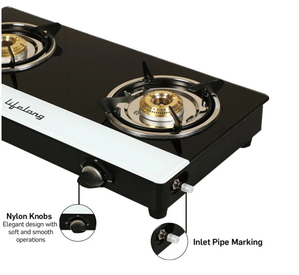 Lifelong Top, Black and White (ISI Certified,1 Year Warranty with Doorstep Service) Glass Manual Gas Stove (2 Burners)(LLGSD24)
